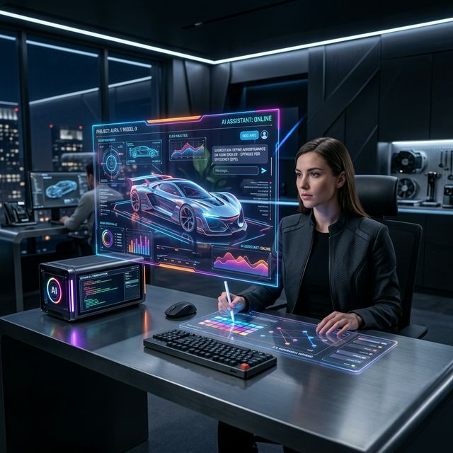 AI interface collaborating with a designer in a futuristic setting