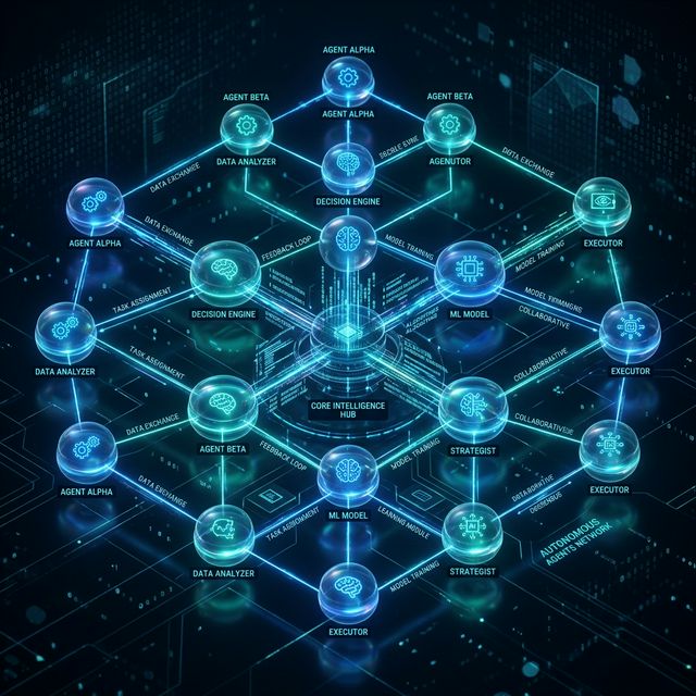 Illustration of multiple AI agents collaborating